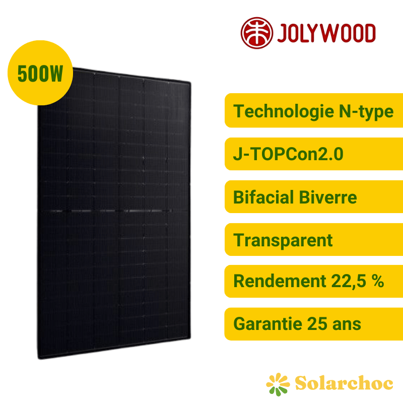 Panneau solaire JOLYWOOD 500W Cadre noir Transparent Bifacial N-type HD108N-R2 Panneau solaire JOLYWOOD 500W Cadre noir Transparent Bifacial N-type HD108N-R2