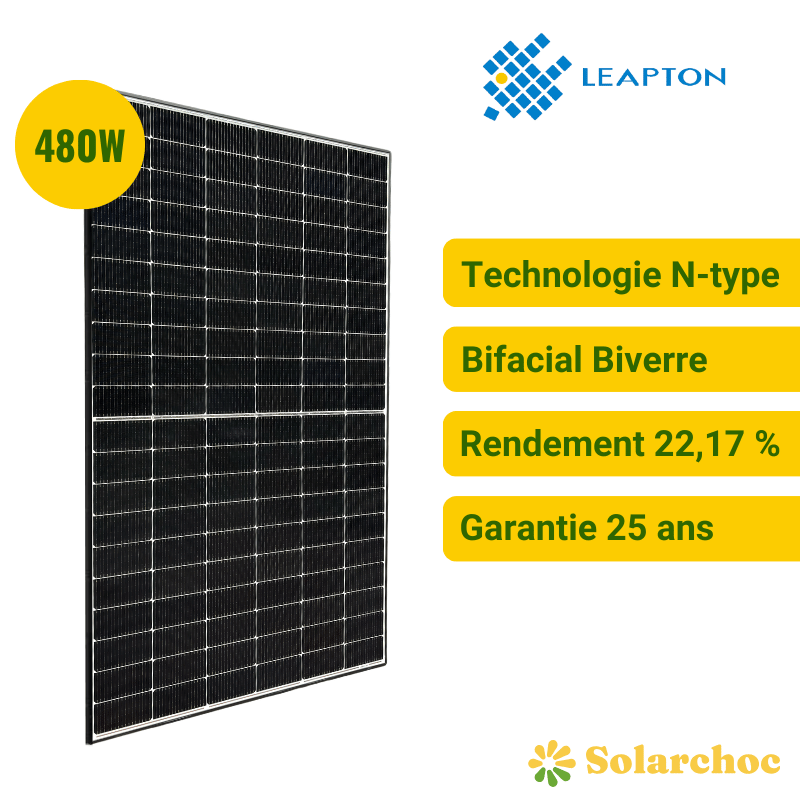 Panneau solaire LEAPTON 480W Cadre noir Bifacial N-type LP182*182-M60-NB