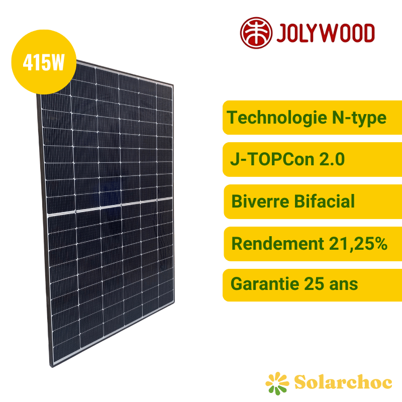 Panneau solaire JOLYWOOD 415W Silver Ntype Bifacial JW-HD108N 415