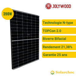 Panneau solaire JOLYWOOD 390W Cadre noir Bifacial BiverreN-Type JW-HD120N-390W