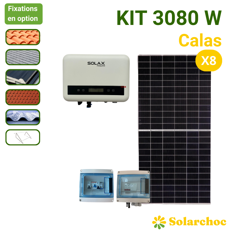 Kit solaire 3080W 8 panneaux solaires JOLYWOOD 385W + 1 onduleur SOLAX X1 MINI 3.0 monophasé Autoconsommation réseau Calas