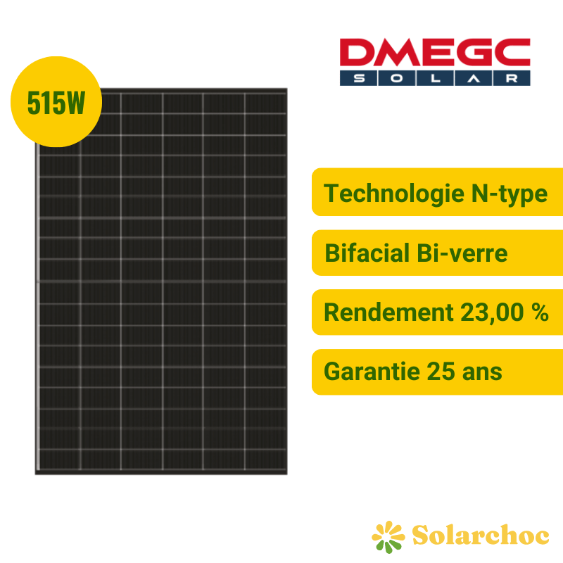 Panneau solaire DMEGC 515W DM515G12RT-B54HBT Bi-verre bifacial - Cadre noir