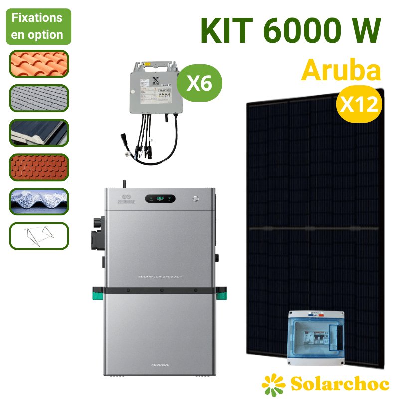 Kit solaire 6000W 12 panneaux DMEGC 500W + 6 micro-onduleurs SOLAX + Pack Batterie 5,28kWh ZENDURE Autoconsommation Aruba