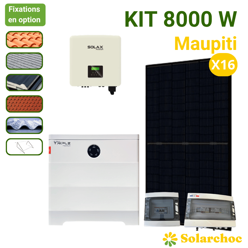 Kit solaire 8000W 16 panneaux DMEGC + onduleur hybride SOLAX 7500W + batteries 7,37kWh monophasé Maupiti