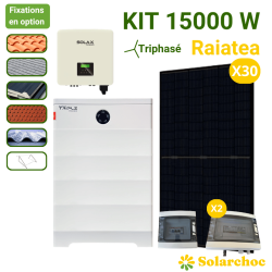 Kit solaire 15000W 30 panneaux DMEGC + onduleur hybride SOLAX 15000W + batteries 14,75kWh triphasé Raiatea
