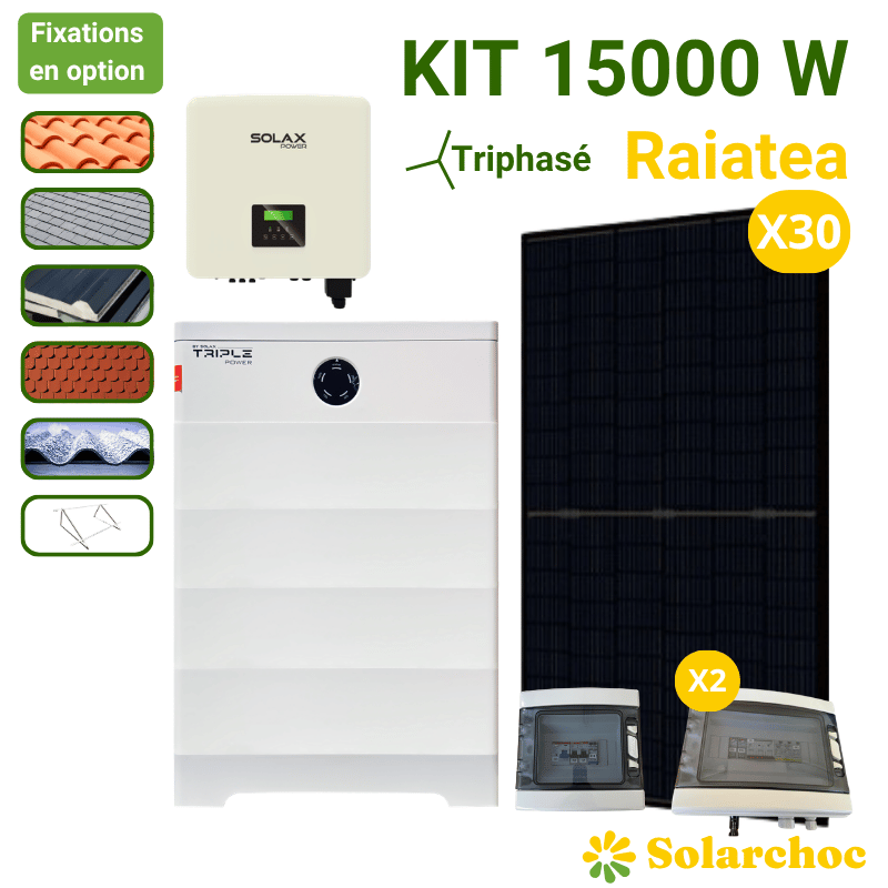 Kit solaire 15000W 30 panneaux DMEGC + onduleur hybride SOLAX 15000W + batteries 14,75kWh triphasé Raiatea