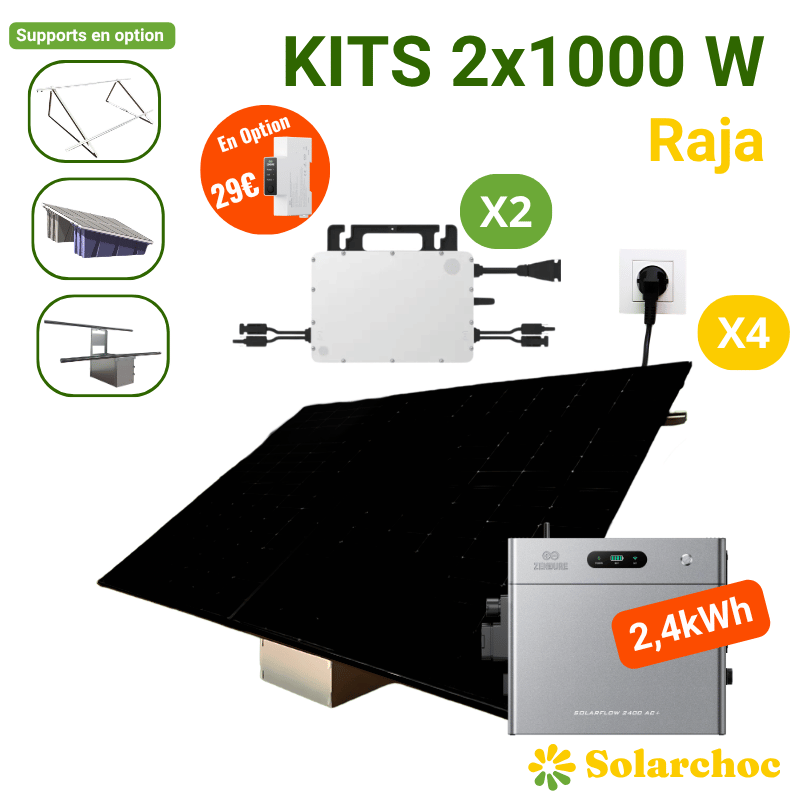 Kits solaires Plug&Play 2x1000W 4 panneaux solaires DMEGC 500W +  2 Micro-onduleurs  + Batterie ZENDURE Autoconsommation Raja