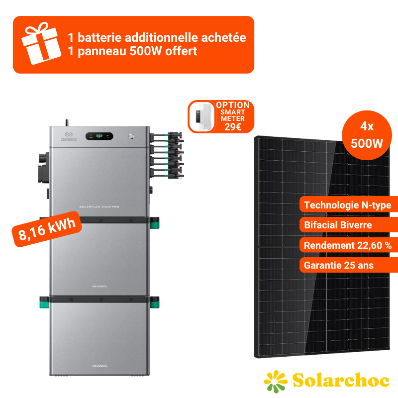 Pack 8,16kWh SolarFlow 2400 Pro ZENDURE + 2 Batteries AB3000L + 4 Panneaux DMEGC 500W