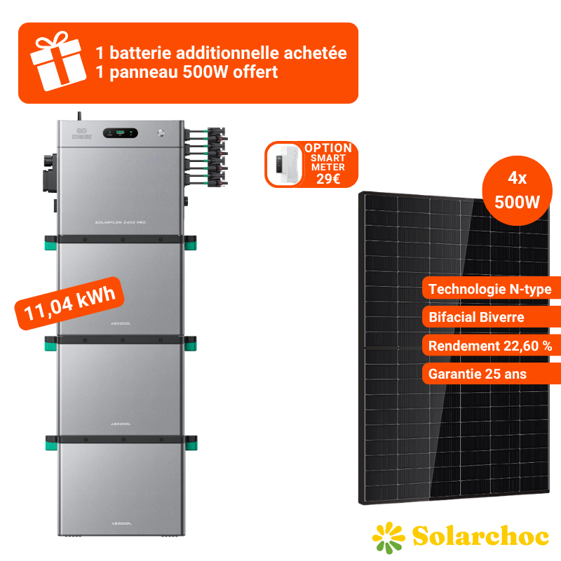 Pack 11,04kWh SolarFlow 2400 Pro ZENDURE + 3 Batteries AB3000L + 4 Panneaux DMEGC 500W