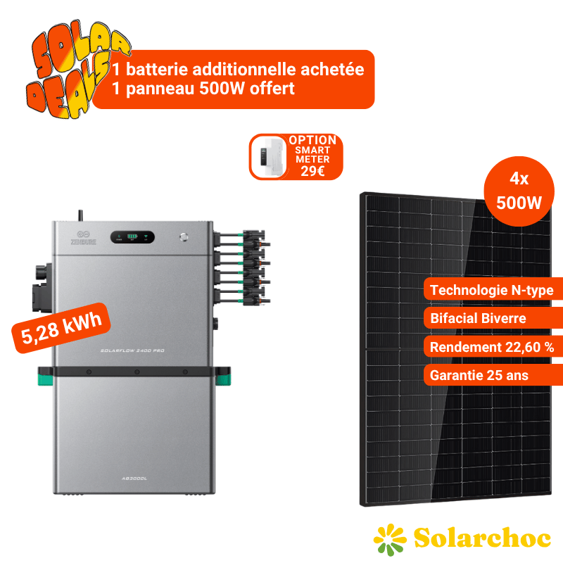 Pack 5,28kWh SolarFlow 2400 Pro ZENDURE + 1 Batterie AB3000L + 4 Panneaux DMEGC 500W