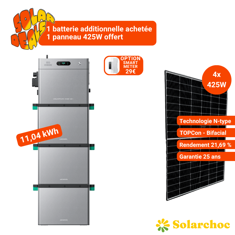 Pack 11,04kWh SolarFlow 2400 AC+ ZENDURE + 3 Batteries AB3000L + 4 Panneaux JOLYWOOD 425W