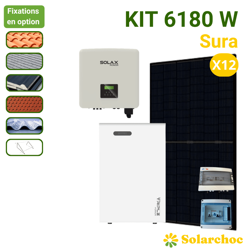 Kit solaire 6180W 12 panneaux DMEGC 515W + 1 onduleur hybride SOLAX X1 6.0D + batterie  SOLAX  Master V3 Autoconsommation Sura