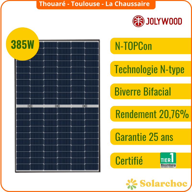 Panneau solaire JOLYWOOD 385W Cadre noir Ntype Bifacial JW-HD120N 385W
