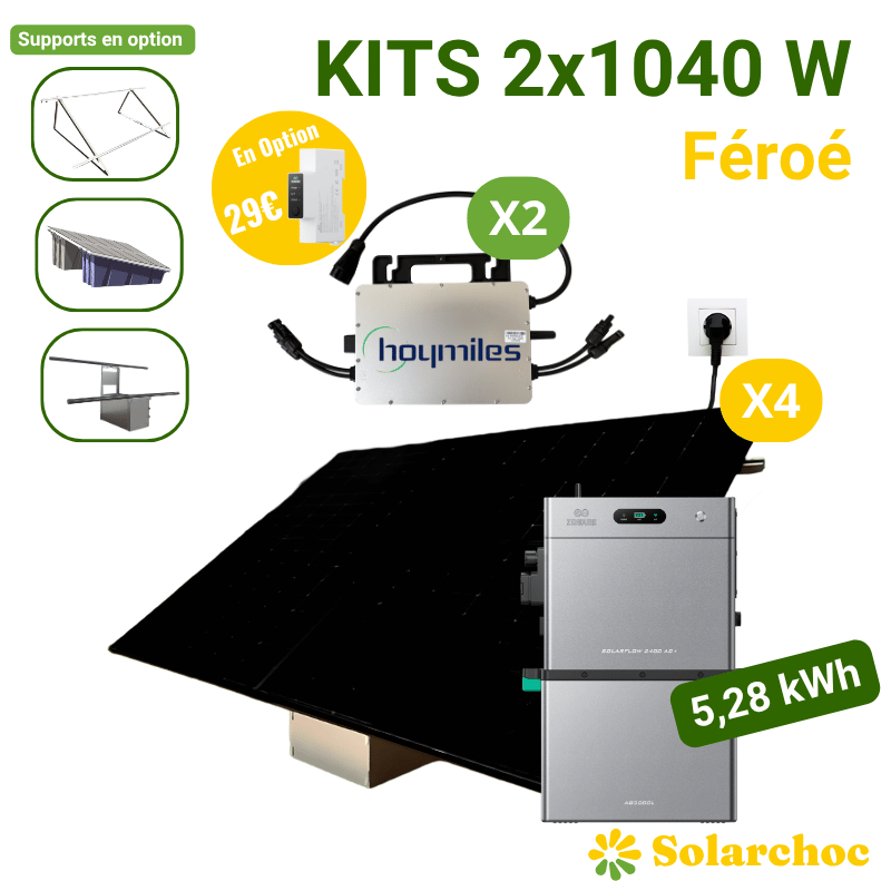 Kits 2x1040W 4 panneaux 520W + 2 micro-onduleurs HOYMILES 1000W + Solarflow2400AC+ + Batterie AB3000L Féroé