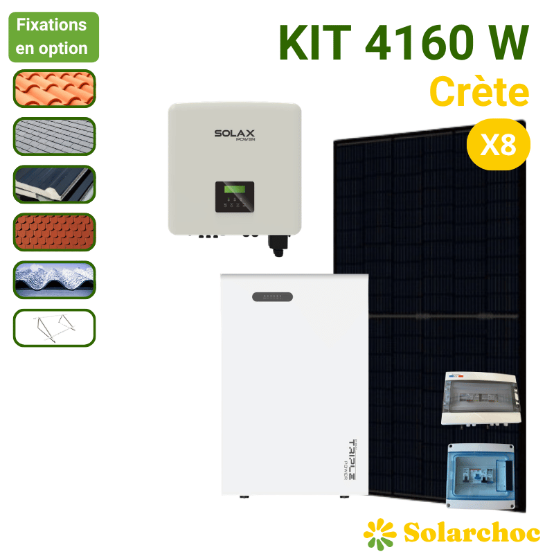 Kit solaire 4160W 8 panneaux DMEGC 520W + 1 onduleur Hybride 6000W SOLAX X1G4 + batterie  SOLAX Master V3 Autoconsommation Crète