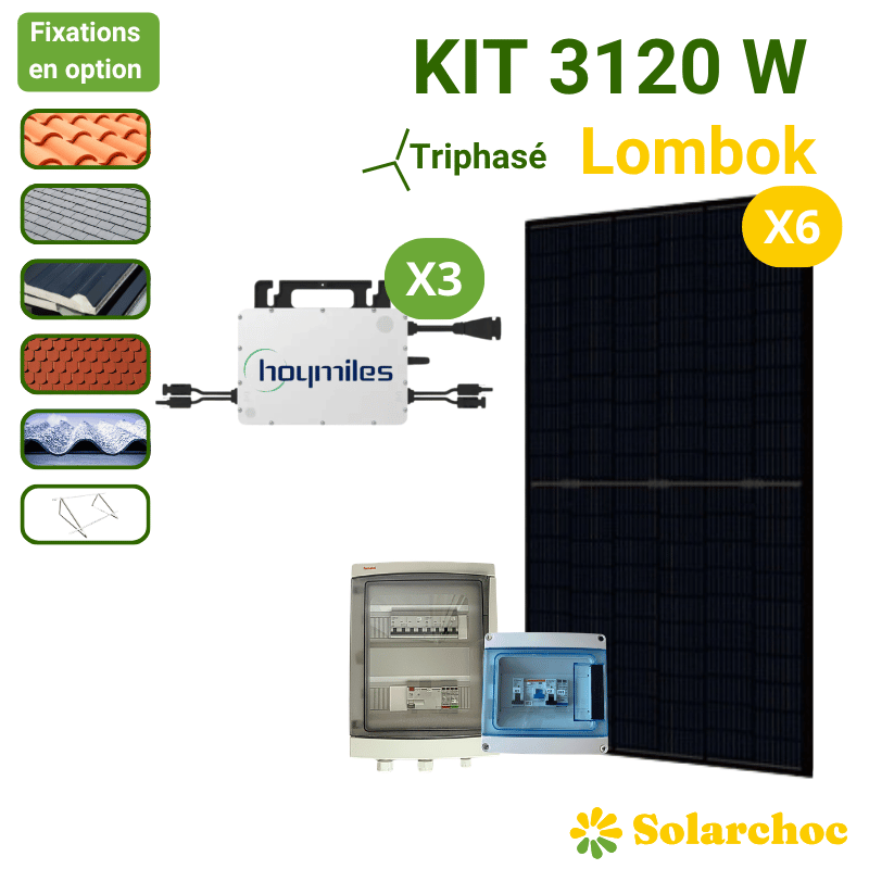 Kit solaire 3120W 6 panneaux DMEGC 520W + 3 micro-onduleurs HOYMILES HMS1000 Triphasé Autoconsommation réseau Lombok