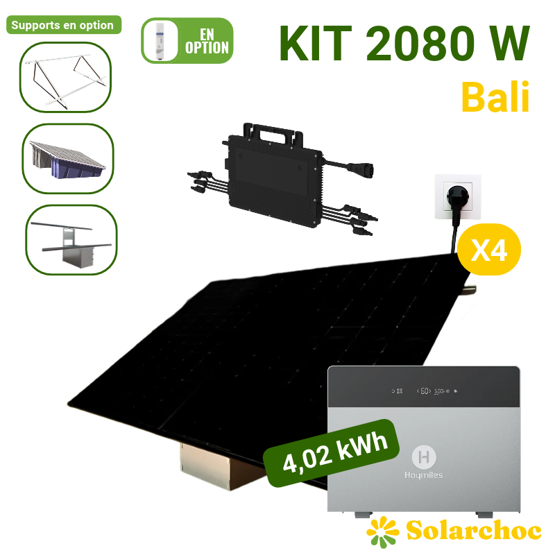 Kit solaire Plug&Play 2080W 4 panneaux DMEGC 520W + 1 micro-onduleur HOYMILES 2000W + 1 Batterie 4020 AC Autoconsommation Bali