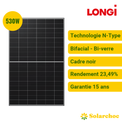 Panneau solaire LONGi 530W Bi-verre Cadre noir Hi-MO X10 LR7-60HVDT-530M
