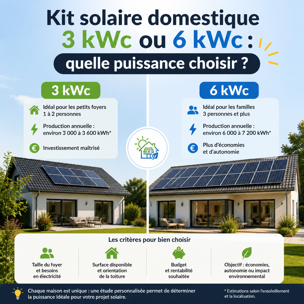 Quel kit solaire maison Kit solaire résidentiel installé sur une toiture, illustration pour choisir entre 3 kWc et 6 kWc