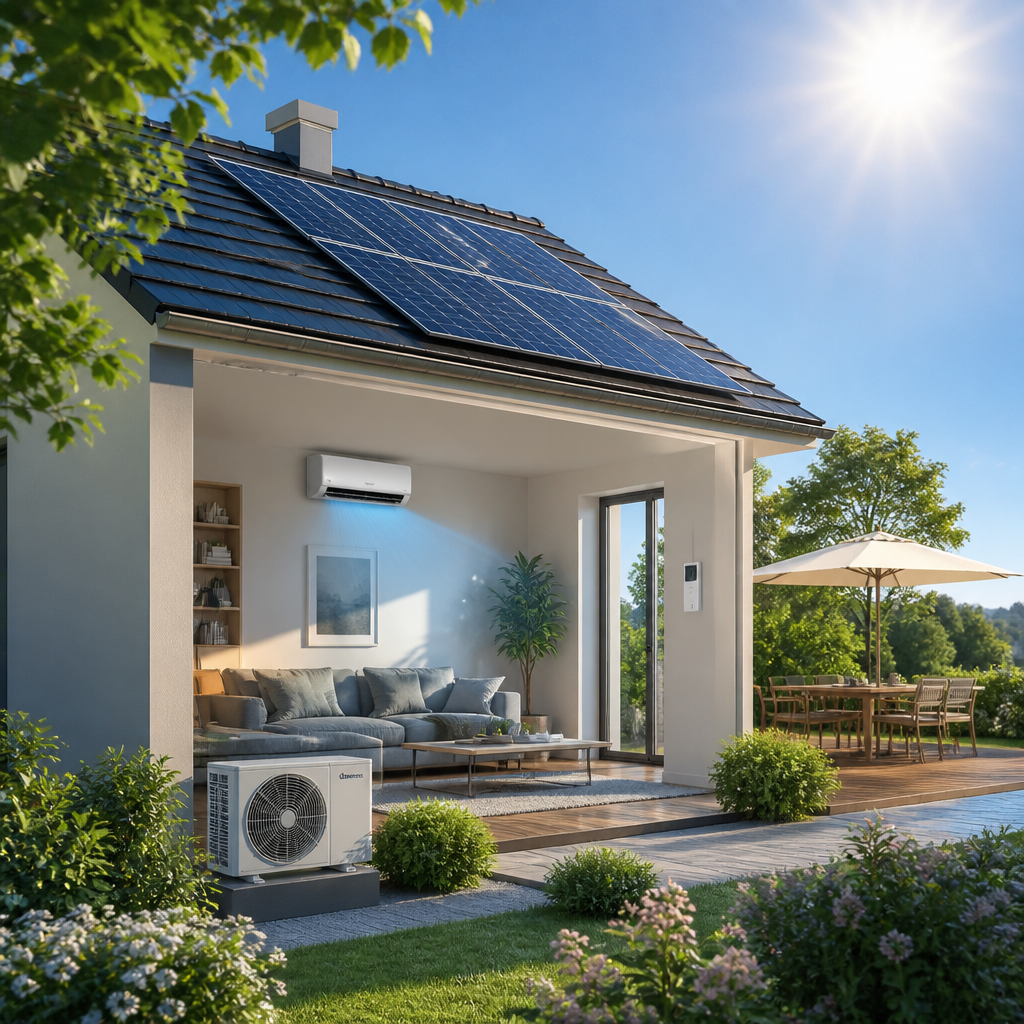 magnific_maison-en-ete-avec-pannea_xgK9Bm8jfW Panneaux solaires et climatisation dans une maison en été pour illustrer l’autoconsommation solaire
