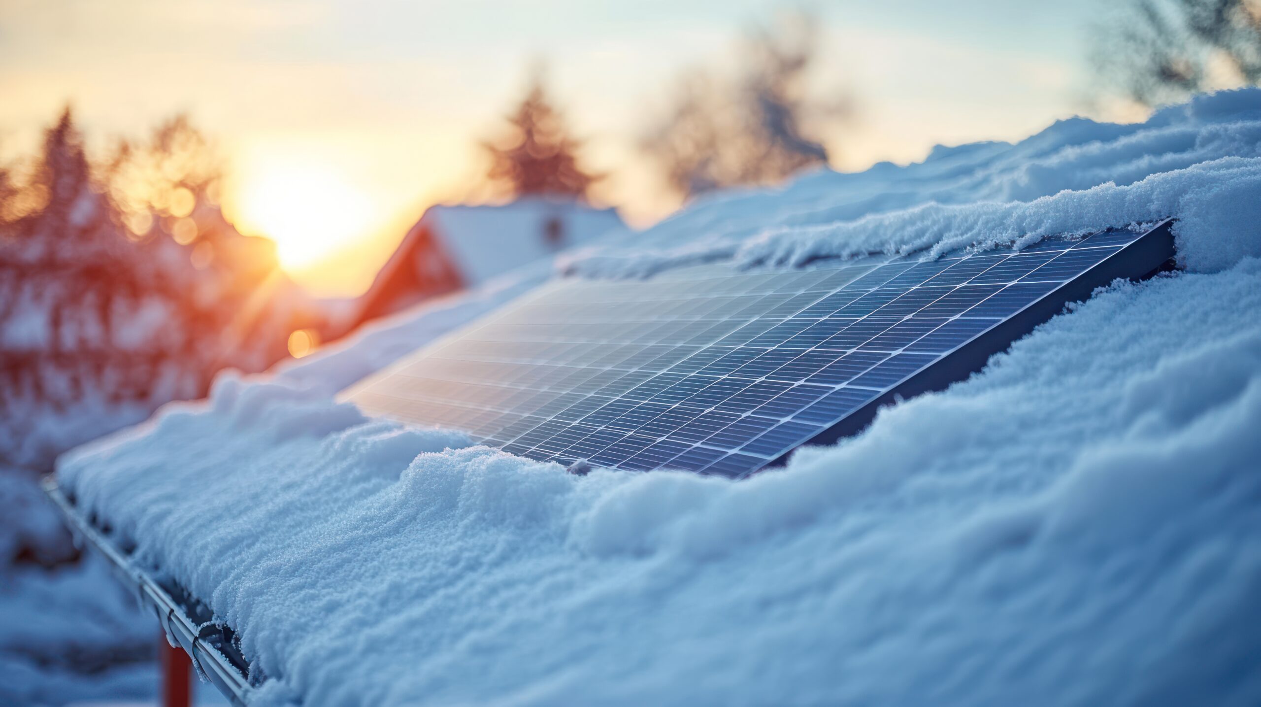 Snowy rooftop solar panel sunset winter energy panneaux solaires photovoltaïques en hiver